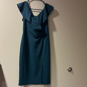 Teal Off-Shoulder Ruffle Sheath Dress
